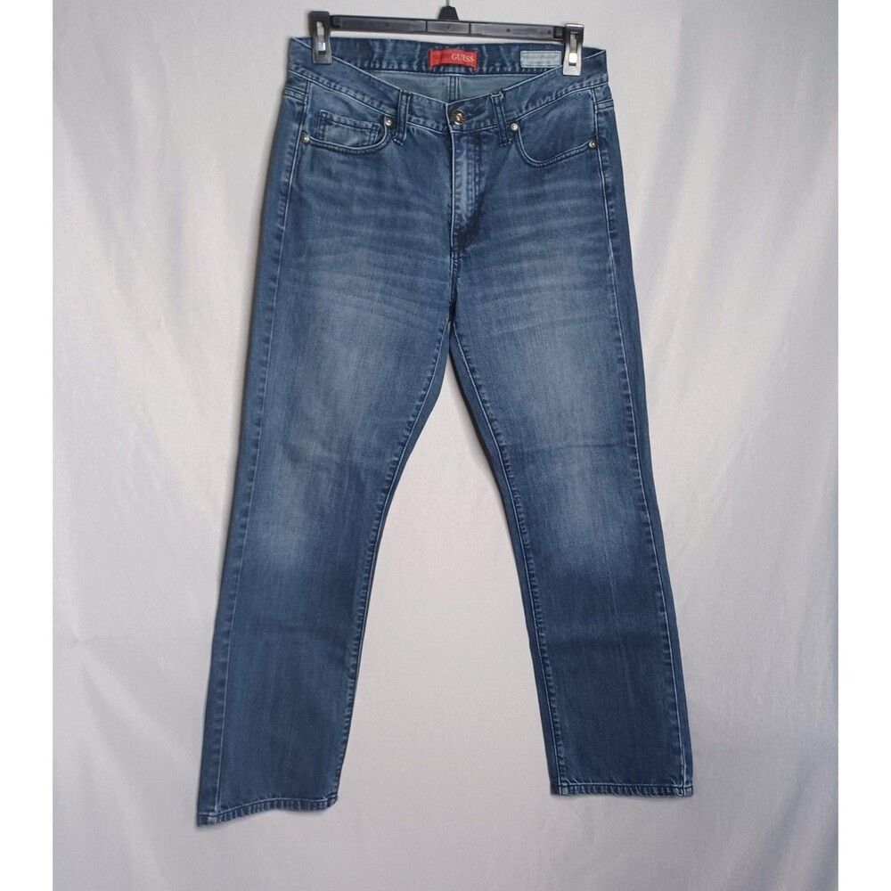 GUESS Jeans Mens 33x32 Blue Straight Crescent Fit Medium Wash Denim Cowboy Biker